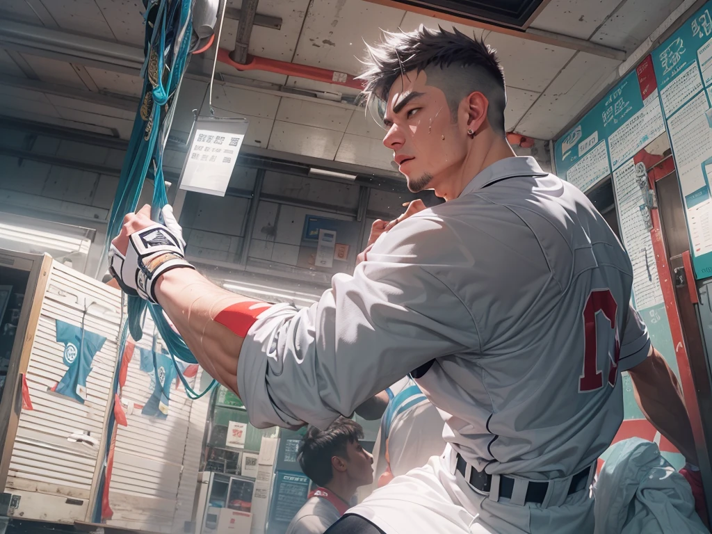 shoot from below, (masterpiece, highest quality ), 1 man, Japanese、muscular, short hair, ((Balanced face)), Fearless face、manly、white baseball uniform、sweaty body、Bright colors, dark、Dirty locker room、dynamic pose, seducing、sexy、