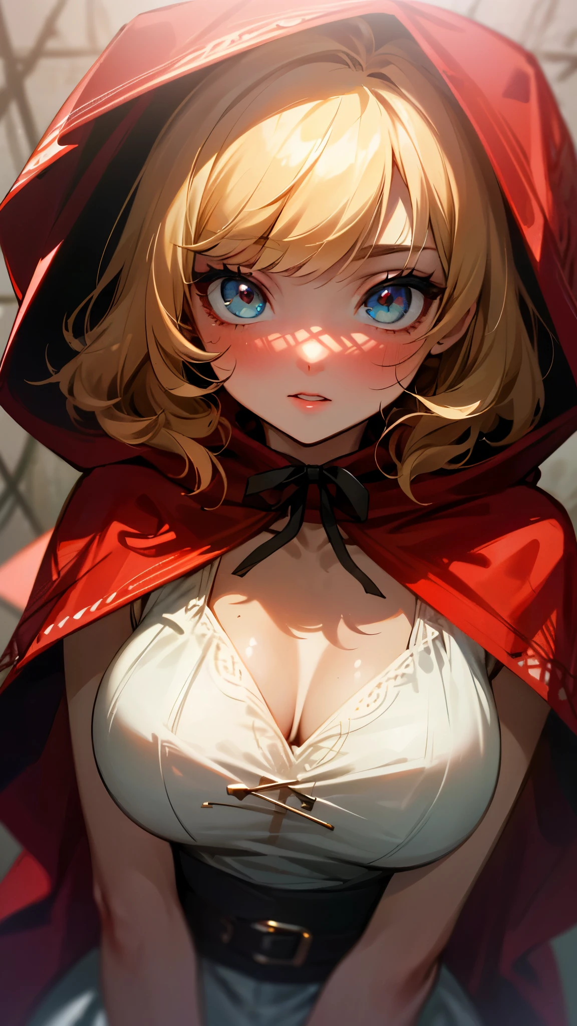 (UHD, retina, masterpiece, accurate, anatomically_correct, textured_skin, super_detail, high_details, high_quality, best_quality, high_res, 1080P, HD, 4K, 8k, 16k), (beautiful_detailed_eyes, beautiful_detailed_lips, extremely_detailed_eyes_and_face), soft_lighting, physically-based_rendering, vivid_colors, (large_breasts:1.5), (shiny_hair, shiny_skin, tanned_skin, blush), (bangs:1.5), eye_reflection, (bokeh), (little_red_riding_hood, dress:1.5), blonde_hair,