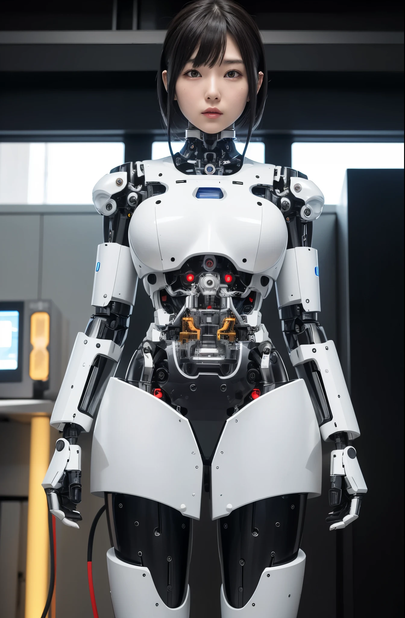 masterpiece, best quality, extremely detailed, Japaese Cyborg girl,Plump , control panels,android,Droid,Mechanical Hand, Robot arms and legs, Black Robot Parts,Black hair,Mechanical body,Blunt bangs,White robotics parts,perfect robot girl,long tube,thick cable connected her neck,ceramic body ,mechanical body, mechanical ear cover, mechanical costume,android,robot,humanoid,cyborg,japanese android woman ,mechanical chest,full eyes,future laboratory,connecting a cable between the legs,mouth cover