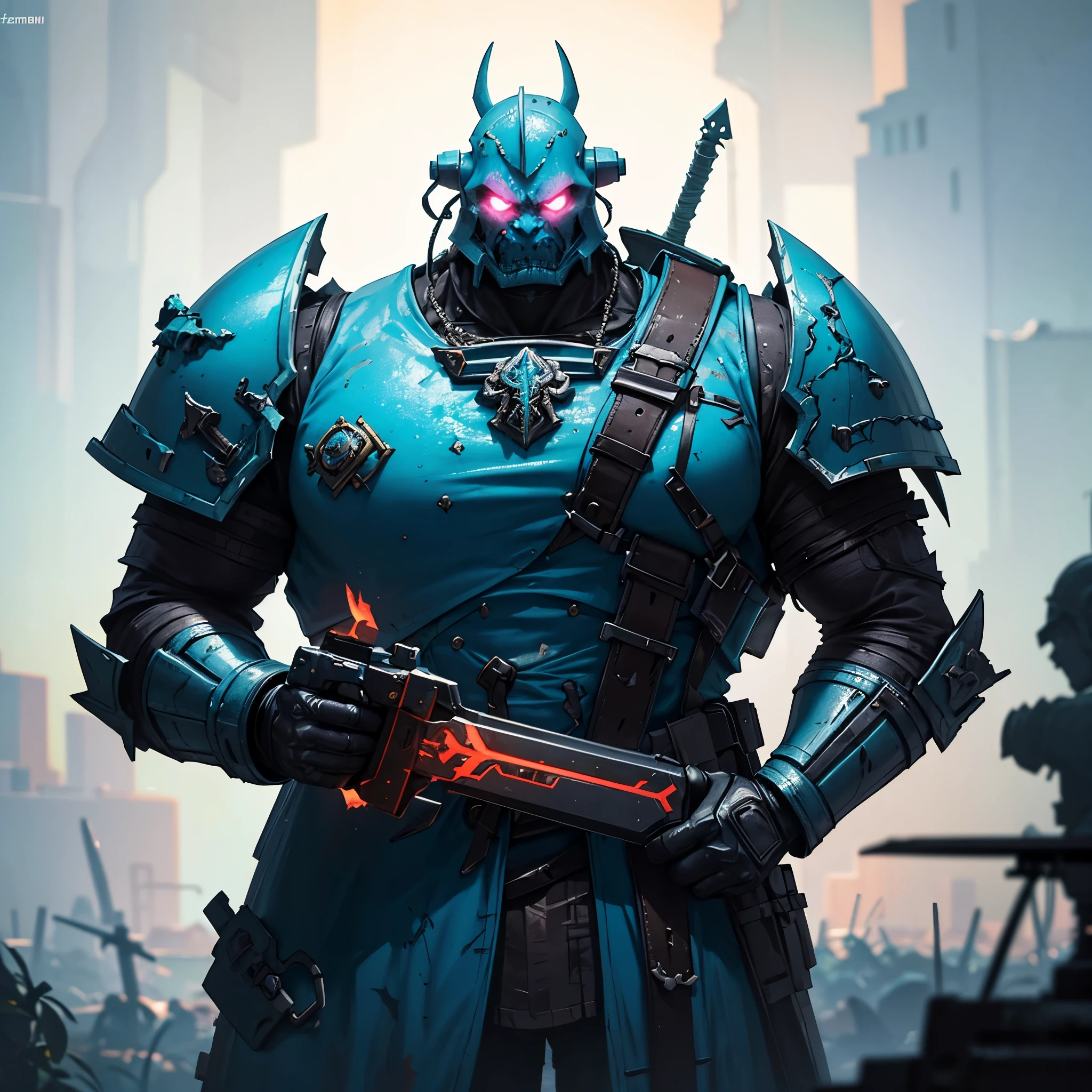 (high-resolution:1.2),vibrant vaporwave aesthetic,ultra-detailed Warhammer 40K scene: A solitary and battle-hardened space marine covered in battle scars faces off against a formidable orc warboss on a lush jungle battlefield. The space marine, clad in indigo power armor adorned with neon accents, wields a fearsome chainsword, its serrated teeth humming with energy. His eyes glow with determination and experience, reflecting years of unimaginable warfare. The orc warboss, towering and muscular, dons bone armor and carries an enormous great axe, its razor-sharp blade gleaming under the dappled sunlight. The air crackles with tension as these two mighty warriors engage in a fierce duel, their weapons clashing with thunderous force. The dense foliage of the jungle watches in silence, whispering secrets of untold battles. The scene is bathed in a dreamy, surreal vaporwave color palette, with vibrant pinks, purples, and blues casting an otherworldly glow over the chaotic clash. The lighting is dramatic, casting long shadows and illuminating the intricate details of the characters' well-worn armor. The resulting image is an action-packed masterpiece that seamlessly blends the cyberpunk aesthetics of vaporwave with the grim darkness of the Warhammer 40K universe.