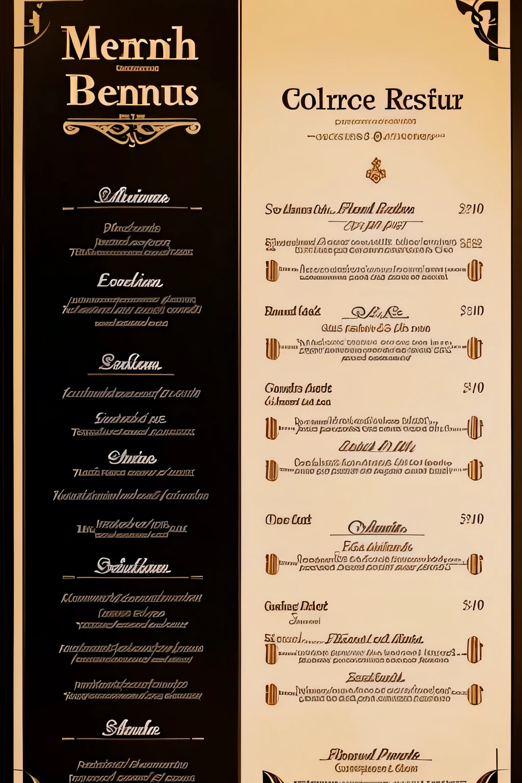 design a 1 page french restaurant menu card. I have to printout it. it should have restaurant name item names, 1 line description of items, prices in euros. in the menu list include some starter items, some main course and some desserts. the food items should be from local french cuisine. Include food pictures. Font should be simple and readable