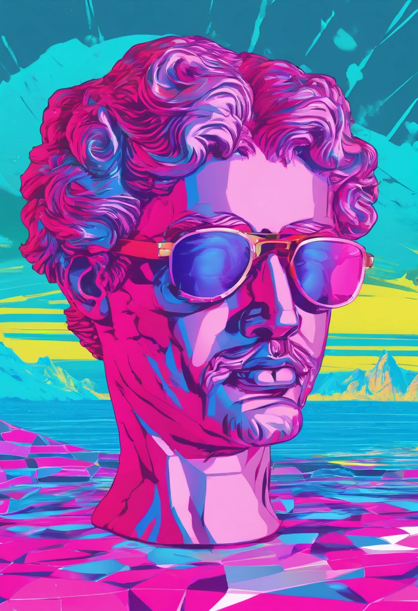 marble greek statue bust,(DJ), (sunglasses), The aesthetics of Vaporwave, vectorized, synthwave