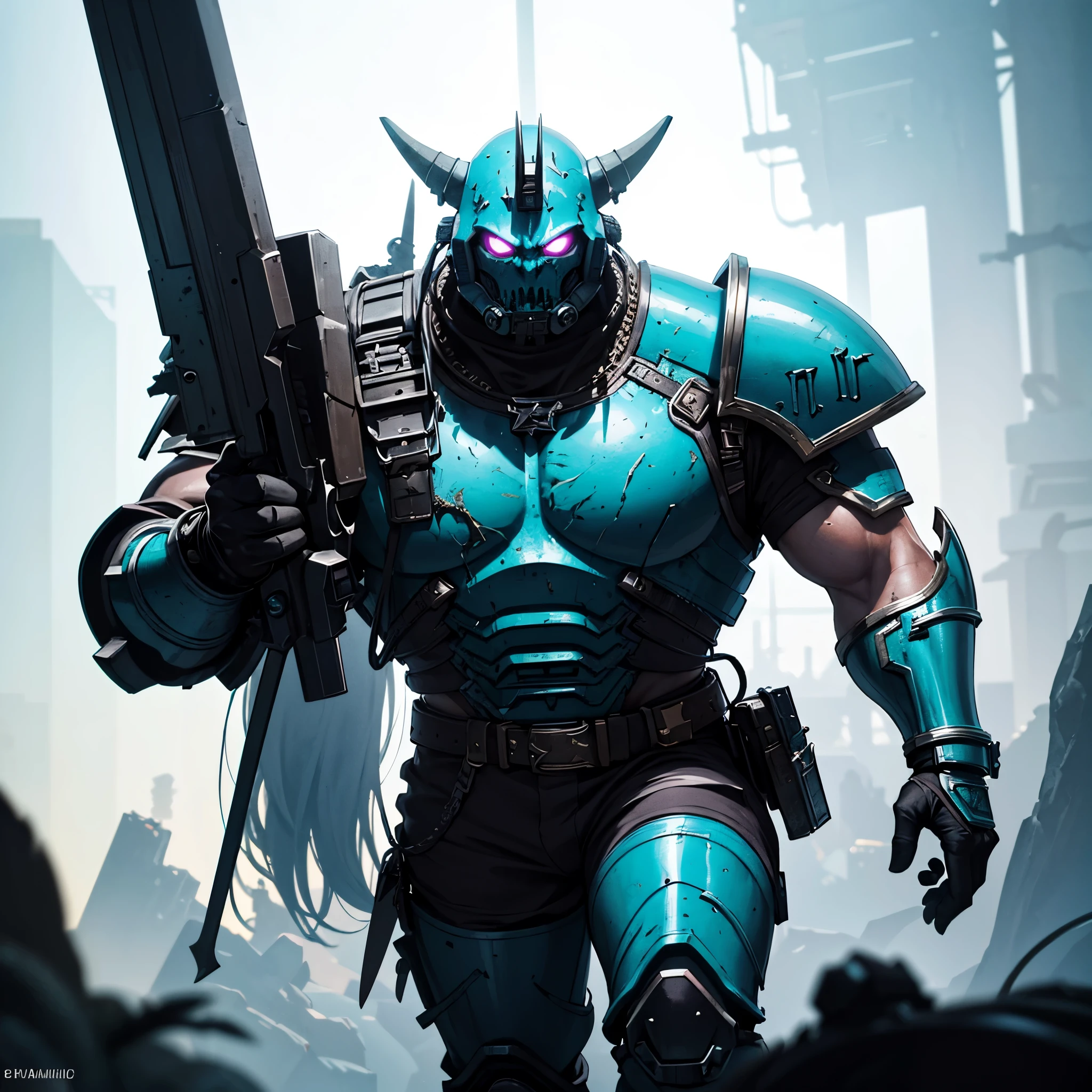 (high-resolution:1.2),vibrant vaporwave aesthetic,ultra-detailed Warhammer 40K scene: A solitary and battle-hardened space marine covered in battle scars faces off against a formidable orc warboss on a lush jungle battlefield. The space marine, clad in indigo power armor adorned with neon accents, wields a fearsome chainsword, its serrated teeth humming with energy. His eyes glow with determination and experience, reflecting years of unimaginable warfare. The orc warboss, towering and muscular, dons bone armor and carries an enormous great axe, its razor-sharp blade gleaming under the dappled sunlight. The air crackles with tension as these two mighty warriors engage in a fierce duel, their weapons clashing with thunderous force. The dense foliage of the jungle watches in silence, whispering secrets of untold battles. The scene is bathed in a dreamy, surreal vaporwave color palette, with vibrant pinks, purples, and blues casting an otherworldly glow over the chaotic clash. The lighting is dramatic, casting long shadows and illuminating the intricate details of the characters' well-worn armor. The resulting image is an action-packed masterpiece that seamlessly blends the cyberpunk aesthetics of vaporwave with the grim darkness of the Warhammer 40K universe.
