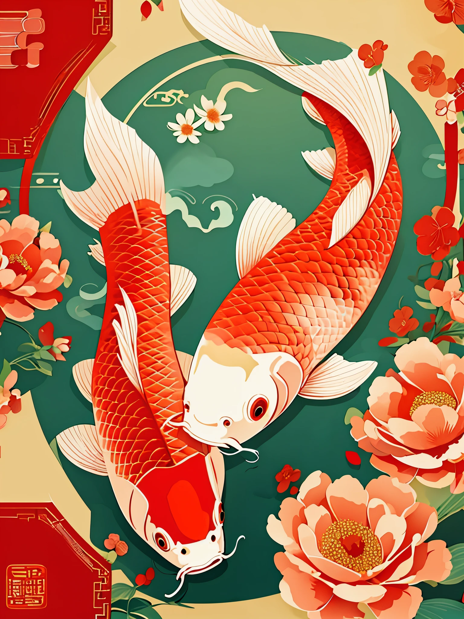 illustration, Chinese digital painting, vector, carp, clean background, flowers and red package, flat