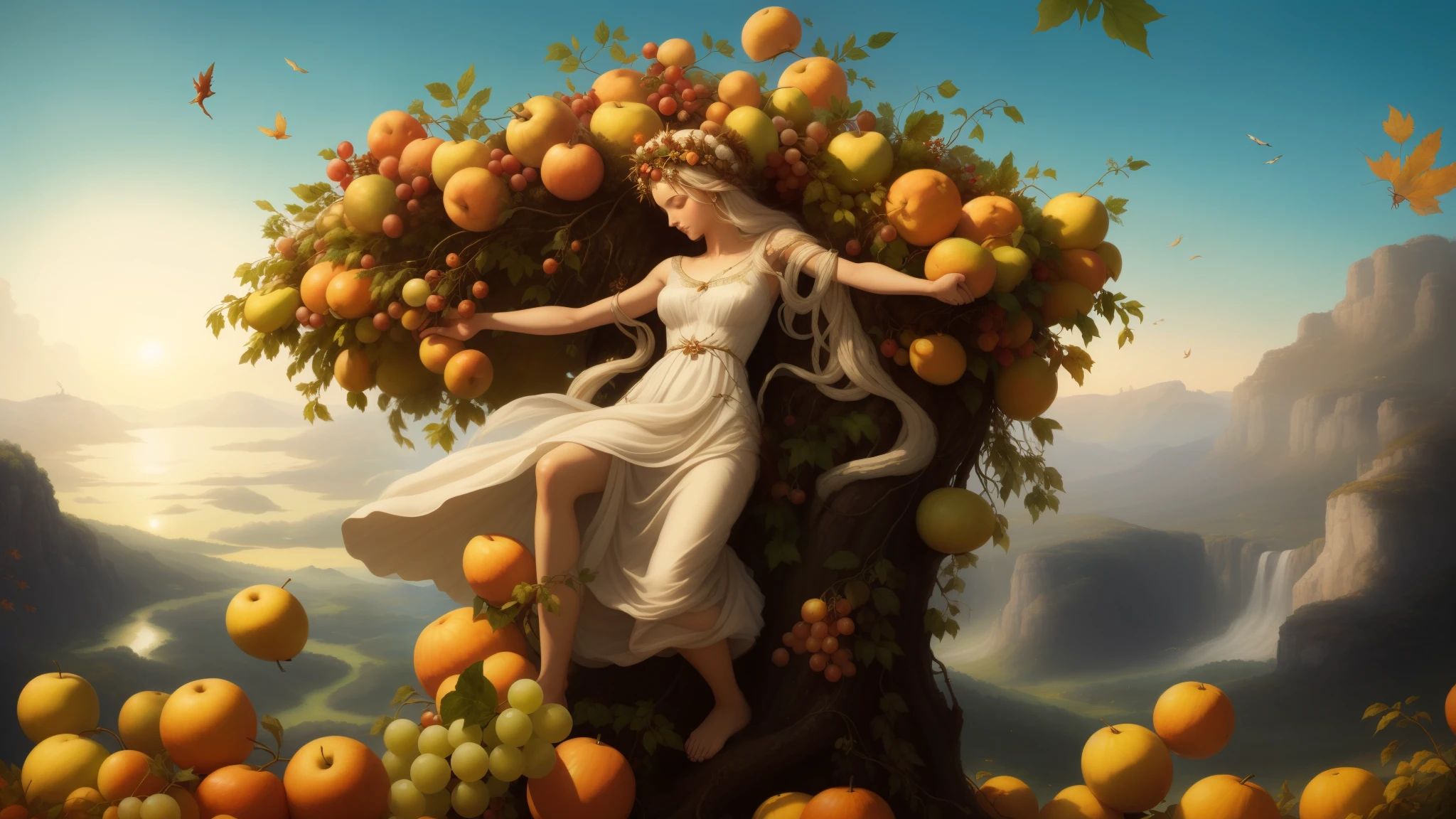 painting of a woman in a white dress standing on a tree with fruit, jean-sebastien rossbach, greek myth digital painting, the goddess of autumn harvest, goddess of greek mythology, greg ruth, a beautiful artwork illustration, inspired by Jens Ferdinand Willumsen, artgerm julie bell beeple, rhads and lois van baarle, earth goddess mythology