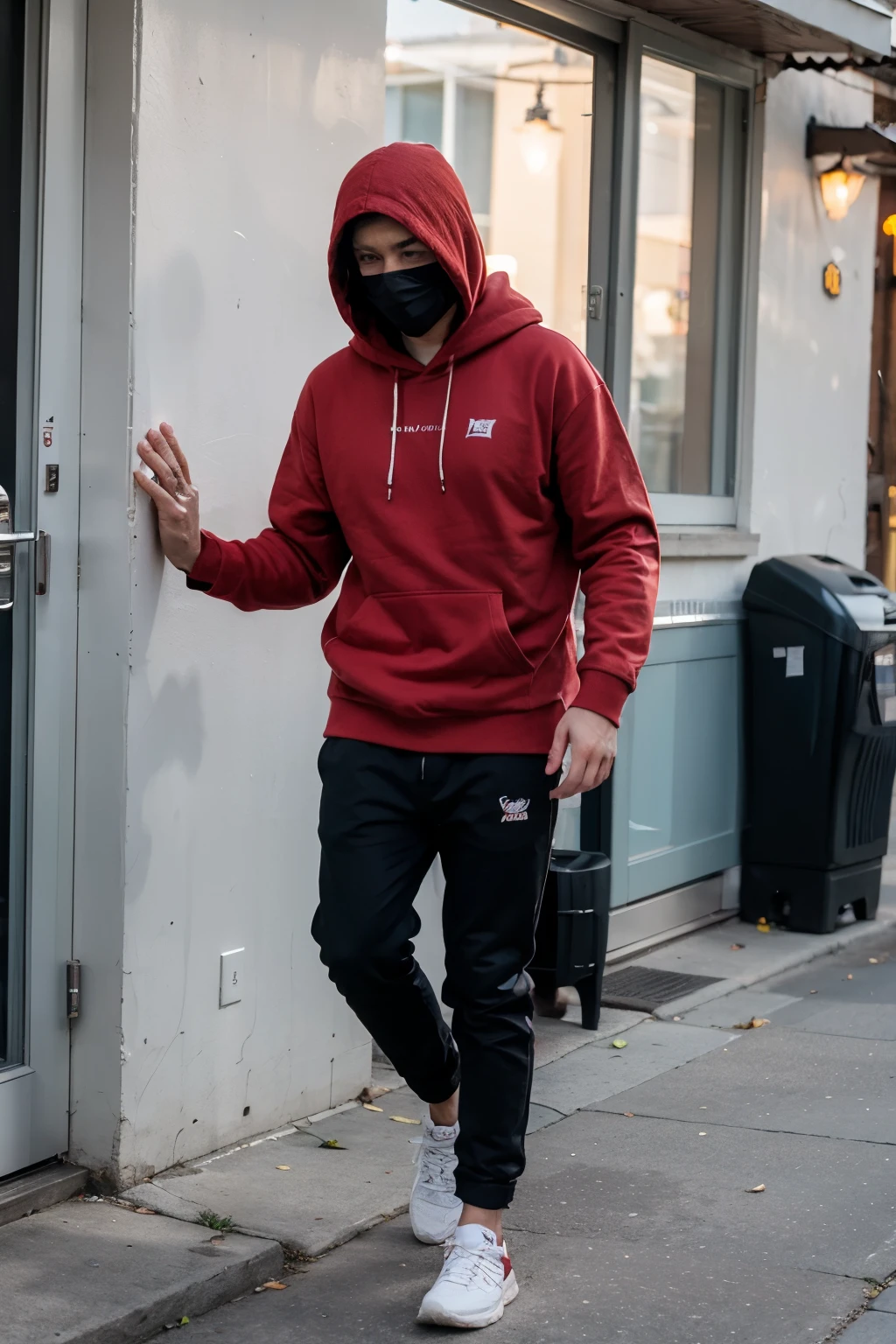 From the street we see a guy waljing towards the door of a house wearing a red hoodie covering his head