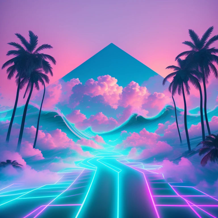 neon sky, neon grid, doves, clouds, vaporwave, c4d, unreal engine 5, double exposure waves