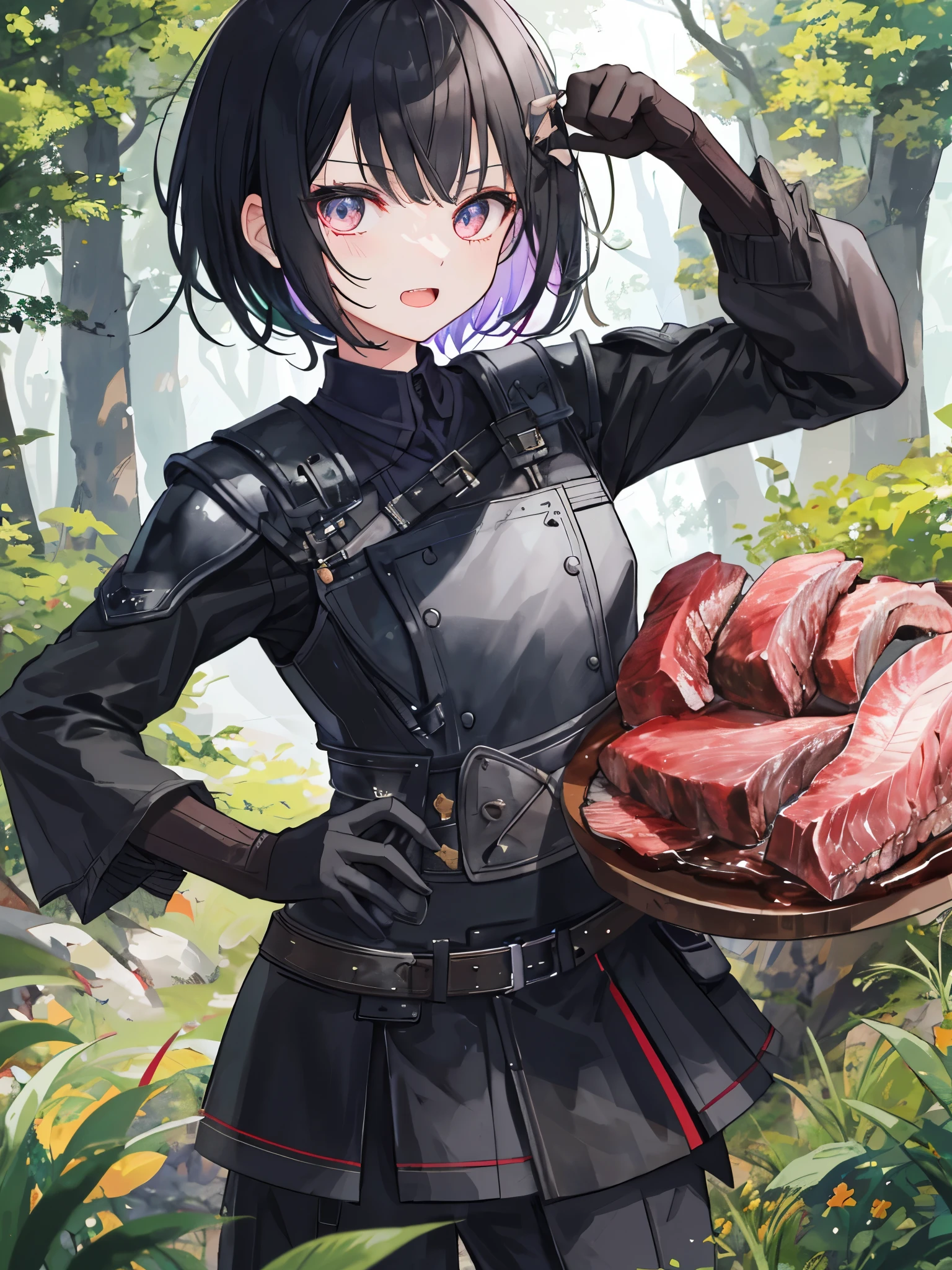 A beautiful girl holding a piece of well-cooked black meat the size of her fist , black meat ,Black short hair , 양hand에 고기를 쥐고 작은 입을 벌리고 있음 , Teeth are sharp , rainbow colored eyes , Small in size , upper body , mouth open , sharp mouth , hand , 5개의 hand가락 , DETAILED , Specific , Looking straight ahead , wearing leather armor , Black short hair , wearing leather armor , Open mouth holding black meat , Teeth are sharp, rainbow eyes , Green forest in the background , The background is a forest