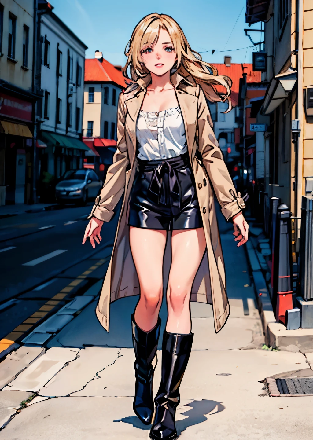 (best quality,4k,8k,highres,masterpiece:1.2),ultra-detailed,(realistic,photorealistic,photo-realistic:1.37),(cowboy shot),beautiful detailed eyes,beautiful detailed lips,extremely detailed eyes and face,long eyelashes,feminine,(blonde hair),long wavy hair,(professional,model-like:1.1) Sidelighting,((wink)),laugh,pose,(left-hand waving,graceful,elegant:nine),(long trench coat),(black-long boots),shoulder bag,(slim waist,grammar)