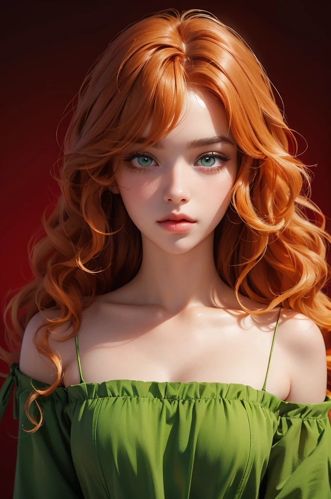 Best-Quality, Masterpiece, Ultra-High-Resolution, (photoreaslistic:1.4), Raw-Photo, 1girl, long orange haired, super curly hair, long eyelashes, solid circle eyes, textured skins, human realistic skins, extremely cute face, amazingly beautiful big green eyes, super detail, high details, 16k, looking at viewer, korean girl, curly hair, ginger, green eyes, cute face, cute eyes, cute bangs, ((dark red background)), upper body