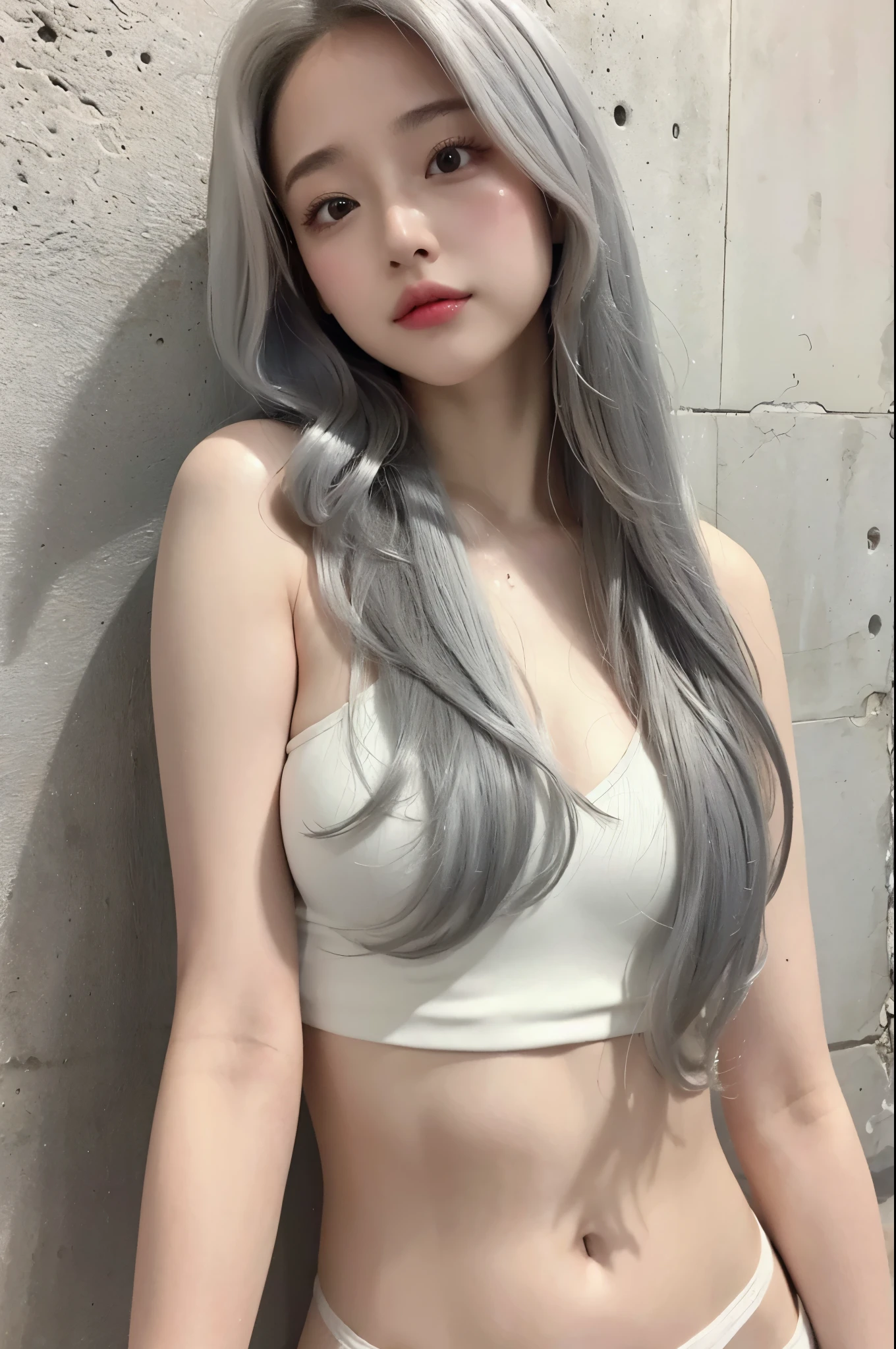 realistic, High resolution, 1 female, glowing skin, alone, wide lips,long hair,wavy hair, hip up,saggy breasts,small face,white wall,concrete wall,background white,Gray color hair,Color Contacts,tilt one's head,Room wear