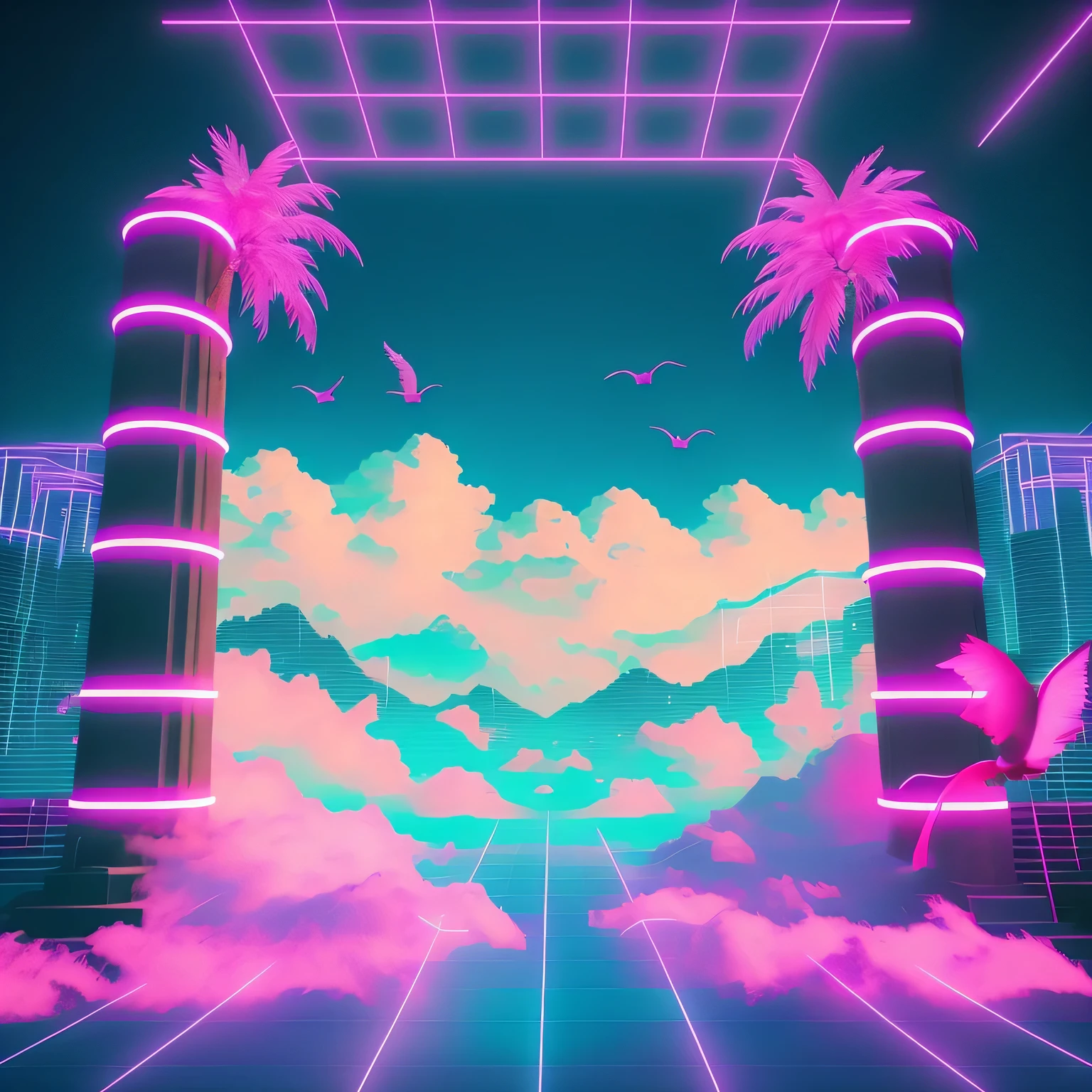 neon sky, Neon Grid, pigeon, cloud, steam wave, C4D, unreal engine 5, Double exposure light wave