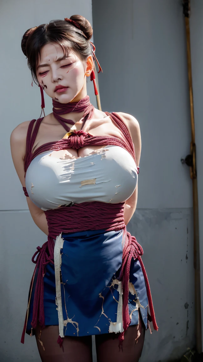 solo, master piece, best quality, ultla detailed, 8K, extremely detailed face, NSFW, gore, violence, ((Shibari, arms behind back:1.4)),((rope restraint)), sf2 chun, hair buns, covered buns, chinese dress, qipao, blue outfit, puffy sleeves, brown pantyhose, white obi, (torn:1.6), black hair, feel exhaust, injury, bruise, (wound on body and face:1.2), blood splattered face, (((swollen nose and cheek:1.1))), ((bruised on face:1.2)), (((eye swollen almost shut:1.5))), drooling, prison,