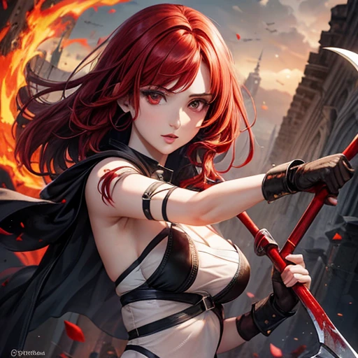 Susan coffey guerrera alada, alas rojas detras de la espalada, anchas y fueryes blancas, con las puntas rojas. She has blood red hair and is ready for combat with a scythe in her hand., hermosa, letal, misterio, fuego