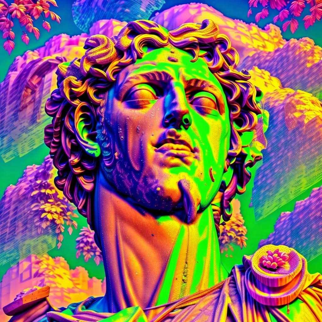 arafed statue of a man with a flower in his hair, baroque vaporwave statue, vaporwave style masterpiece, vaporwave aesthetics, vaporwave art, vaporwave aesthetic, vaporwave, vaporwave colors, maximalist vaporwave, vaporwave style, vaporwave artwork composition, vaporwave nostalgia, very vaporwave, greek god, vaporwave color scheme