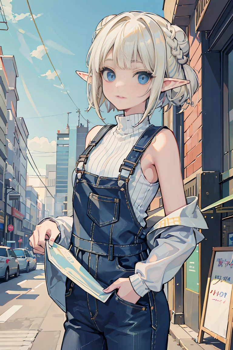 (1 Elf Girl), (beauty elf girl), (Super high quality), masterpiece, casual scene, Crouch next to the mini market, relaxed atmosphere, (beautiful eyes、small nose、perfect lips)get a drink, She is dressed in a trendy techwear outfit, A stylish jacket and jeans, With comfortable sneakers, Sunlight that gives off warm tones, Street atmosphere, urban environment. perfect body, (E cup:1.2), overalls, light smile, Fresh, (asymmetrical bangs:1.3), braid bun hair, short hair, highly detailed face and eyes, perfect lips, (white blonde hair, deep blue eyes:1.2),cyber punk, Science fiction, (bare shoulders), digital art, beautiful, cinematic lighting, by Yusuke Murata. Tonalism, romanticism, modern art, Impressionism, reflected light, 8K, masterpiece, advanced details, highest quality, Accurate