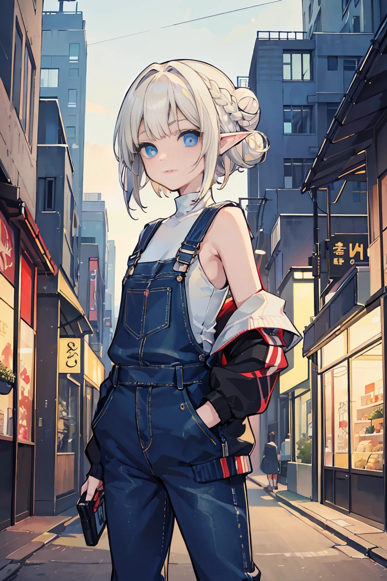 (1 Elf Girl), (beauty elf girl), (Super high quality), masterpiece, casual scene, Crouch next to the mini market, relaxed atmosphere, (beautiful eyes、small nose、perfect lips)get a drink, She is dressed in a trendy techwear outfit, A stylish jacket and jeans, With comfortable sneakers, Sunlight that gives off warm tones, Street atmosphere, urban environment. perfect body, (E cup:1.2), overalls, light smile, Fresh, (asymmetrical bangs:1.3), braid bun hair, short hair, highly detailed face and eyes, perfect lips, (white blonde hair, deep blue eyes:1.2),cyber punk, Science fiction, (bare shoulders), digital art, beautiful, cinematic lighting, by Yusuke Murata. Tonalism, romanticism, modern art, Impressionism, reflected light, 8K, masterpiece, advanced details, highest quality, Accurate