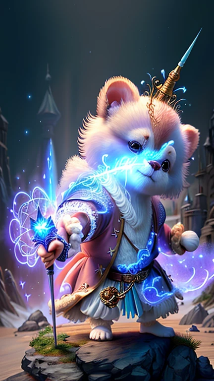best image quality、"Create a masterpiece of cute creatures. (white toy poodle), high detail, In 8K、only one character is generated、best image quality、Dressed as an adventurer、(((((Holding a large magic wand in your hand)))))、(((Game Monk Costume)))、Under attack、