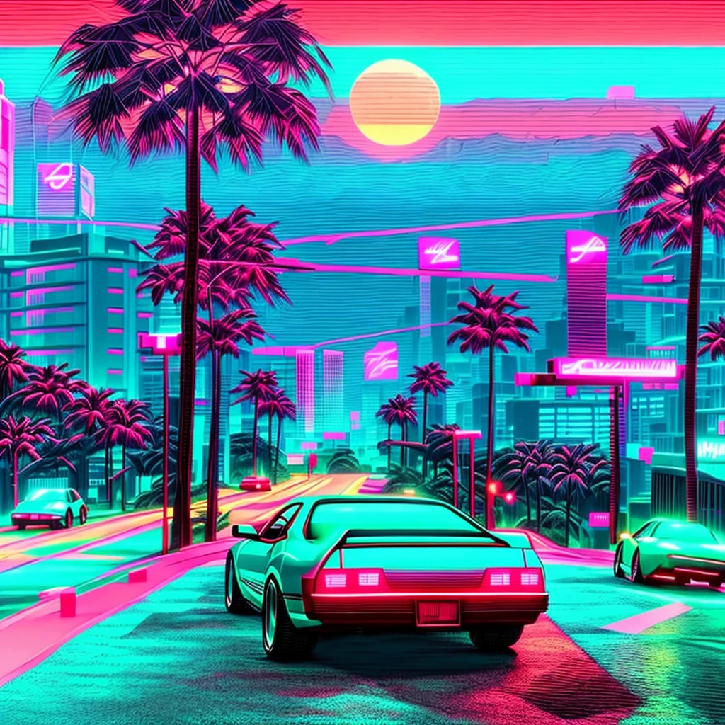 cars driving down a street with palm trees and a full moon in the background, art deco outrun anime aesthestic, synthwave aesthetic, by Alena Aenami, retrowave vibes, retro-wave vibes, synthwave city, style of gta v artworks, synthwave sunset, 8 0 s anime vibe, cyberpunk vibe, vaporwave city, gta vice city art style