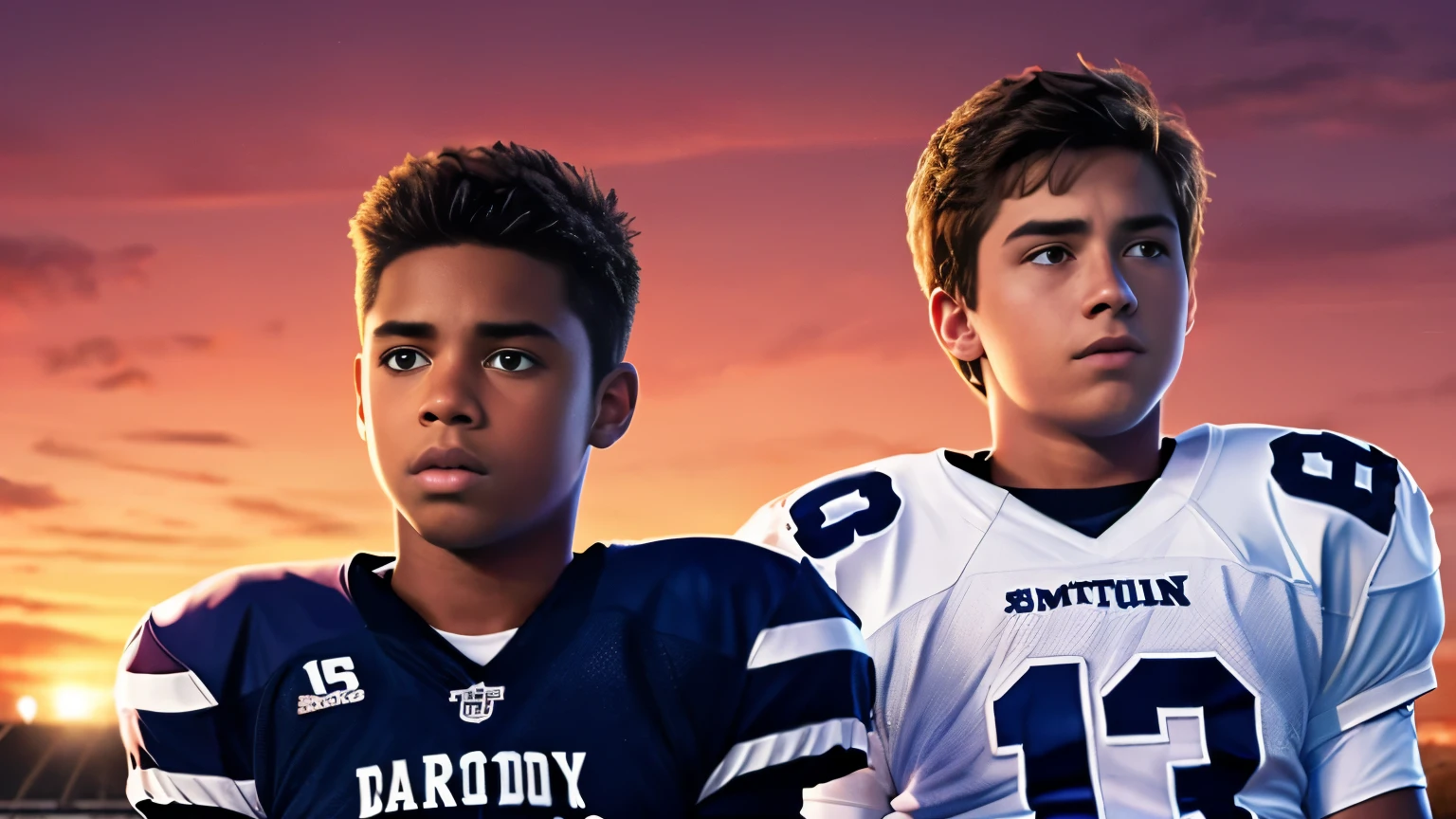 A Netflix Movie Poster of 2 age boys in football uniforms on dark and Smokey football field , the title of the movie is “ Our TeenLives “.