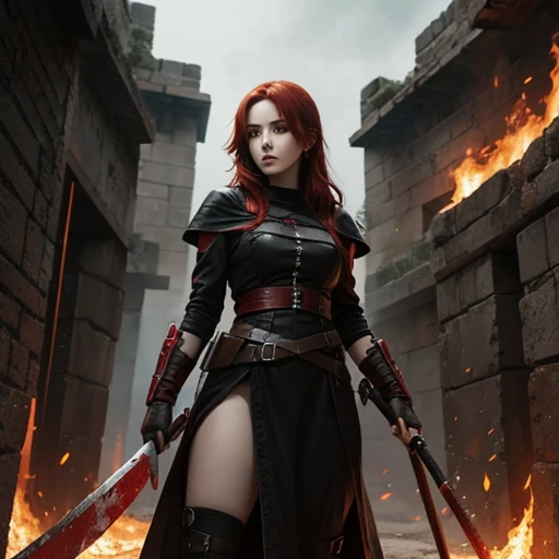 Susan coffey guerrera alada, alas rojas detras de la espalada, anchas y fueryes blancas, con las puntas rojas. She has blood red hair and is ready for combat with a scythe in her hand., hermosa, letal, misterio, fuego