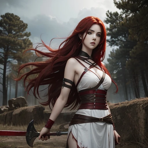 Susan coffey guerrera alada, alas rojas detras de la espalada, anchas y fueryes blancas, con las puntas rojas. She has blood red hair and is ready for combat with a scythe in her hand., hermosa, letal, misterio, fuego
