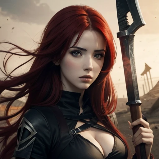 Susan coffey guerrera alada, alas rojas detras de la espalada, anchas y fueryes blancas, con las puntas rojas. She has blood red hair and is ready for combat with a scythe in her hand., hermosa, letal, misterio, fuego