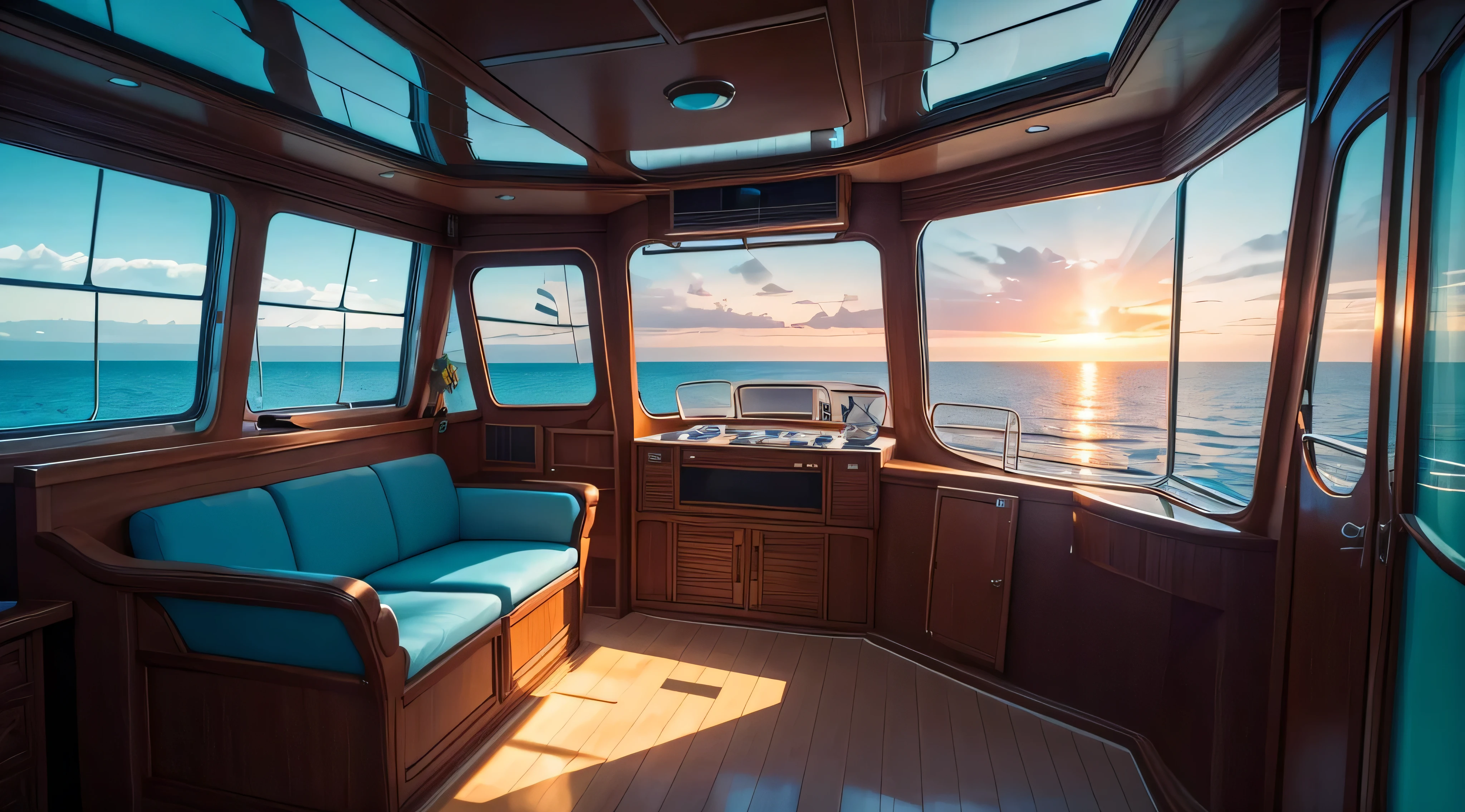 Le bateau au milieu du vaste, l'ocean tranquille abrite de grands, crystal clear glass windows offering stunning views of the'azure expanse below. Textures 8K, Realistic, fotorRealistic, chef-d'artwork, HD, the glass windows are very detailed, highlighting every ripple and reflection on the surface of the'ocean. Soft cinematic lights filter through, illuminate the interior with a warm, inviting glow. HDR, Sharpness, the windows frame the sparkling waves of the'ocean, teeming with life as the sun's rays dance on their crests. chef-d'artwork, superior quality, l'ancien bateau