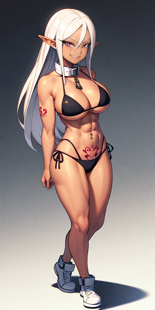 1girl, solo, ((1girl)) full body, standing, grey skin, drow, elf, mature, detailed happy face, purple eyes, white hair, black bikini, abs, big knockers, golden chain collar, stomach tattoo (red tattoo)