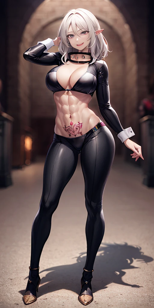 1girl, solo, ((1girl)) full body, standing, grey skin, drow, elf, mature, detailed happy face, purple eyes, white hair, black bikini, abs, big knockers, golden chain collar, stomach tattoo (red tattoo)