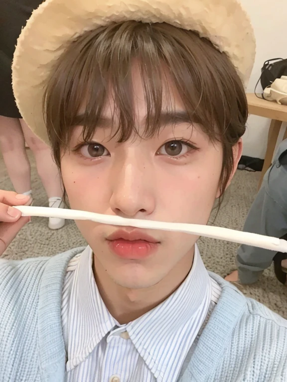 Minseo Asian man with light hair,looking at the camera and making the number two with your fingers, rosto minseo Idol de kpop do grupo drippin,beautiful pale and delicate Korean face