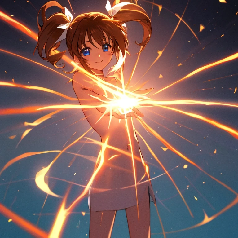 {{{{amazing quality, great quality, high quality, very aesthetic, aesthetic, best quality}}}}, 
realistic, photo, shadow, Three-dimensional, absurdres, Digital art, 
{{{magical girl lyrical nanoha}}}, {{{Nanoha Takamachi}}}, 11 years old, 
brown hair, medium hair, shiny hair, twin tails, white ribbon, 
blue eyes, big eyes, round eyes, tareme, 
{{flat chest}}, {{small breasts}}, {{detailed body}}, slim thighs, thin thighs, 
{{{{Magical girl}}}}, beautiful girl, one girl, cute, pretty, lovely, charming, teenage, kawaii, younger sister, 
Glowing red big jewel, 
transformation heroine, transformation pose, transformation scene, A big smile, 
{{{The girl's neck down glows}}}, {{The girl's body shines white}}, {{The girl's arm shine white}}, 
{{The girl's legs shine white}}, The girl keeps her arms outstretched, 
some bands of light with runes written on it revolves around the girl, Datchi anguru, {Completely nude},