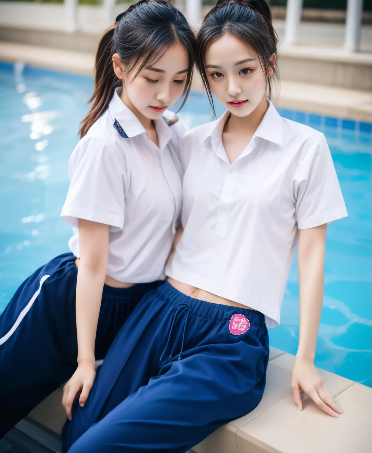 2 girls in the swimming pool, Navy blue short-sleeved shirt,Navy Long Trackpant,Sweatpants, Sweatpantsขายาว,25 year old girl, lesbian, sexy, exercise clothes, wet body, exercise clothes