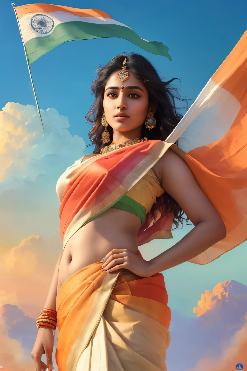 ((Best quality:1.1)), ((Masterpiece:1.2)), (Detailed:1.3), (Beautiful face:1.4), One Indian Hindu girl, ((Wearing Indian flag as saree:1.1)), ((Indian flag waving in background:1.2)), Patriotic:1.1, Ethereal beauty:1.2, (Fantasy illustration:1.3), Captivating pose:1.2, Otherworldly charm:1.1, (Soft colors:1.4), (Detailed cloudscape:1.3), (High-resolution:1.4),
This is an exquisitely craft