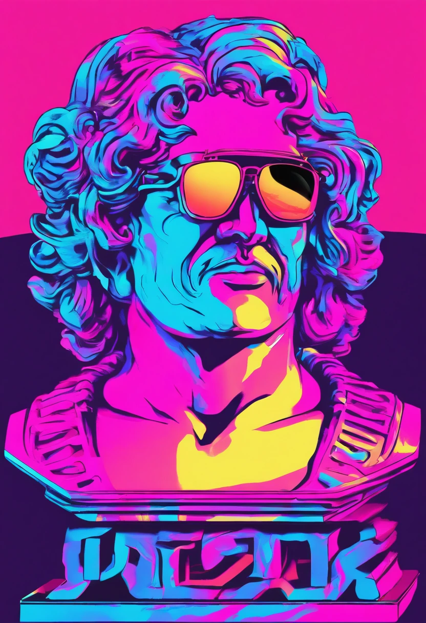 marble greek statue bust,(DJ), (sunglasses:1.3), The aesthetics of Vaporwave, vectorized, synthwave