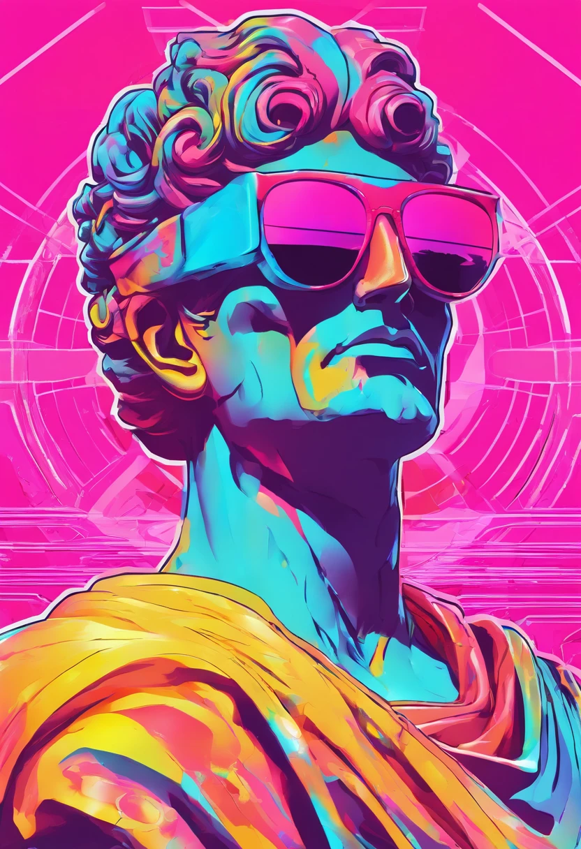 marble greek statue bust,(DJ), (sunglasses:1.3), The aesthetics of Vaporwave, vectorized, synthwave