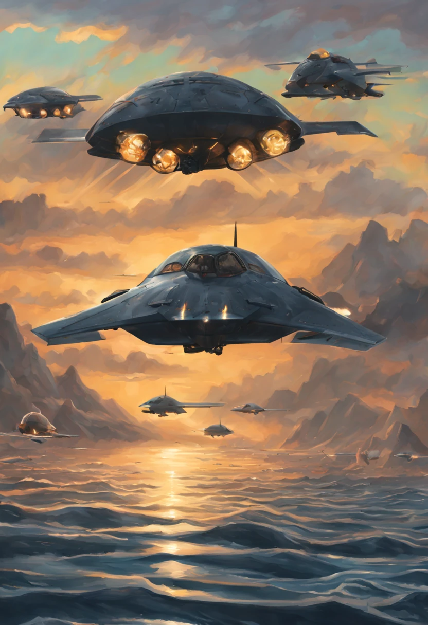 a group of B-21 Raider bombardier fighting agains a UFO squad above the water