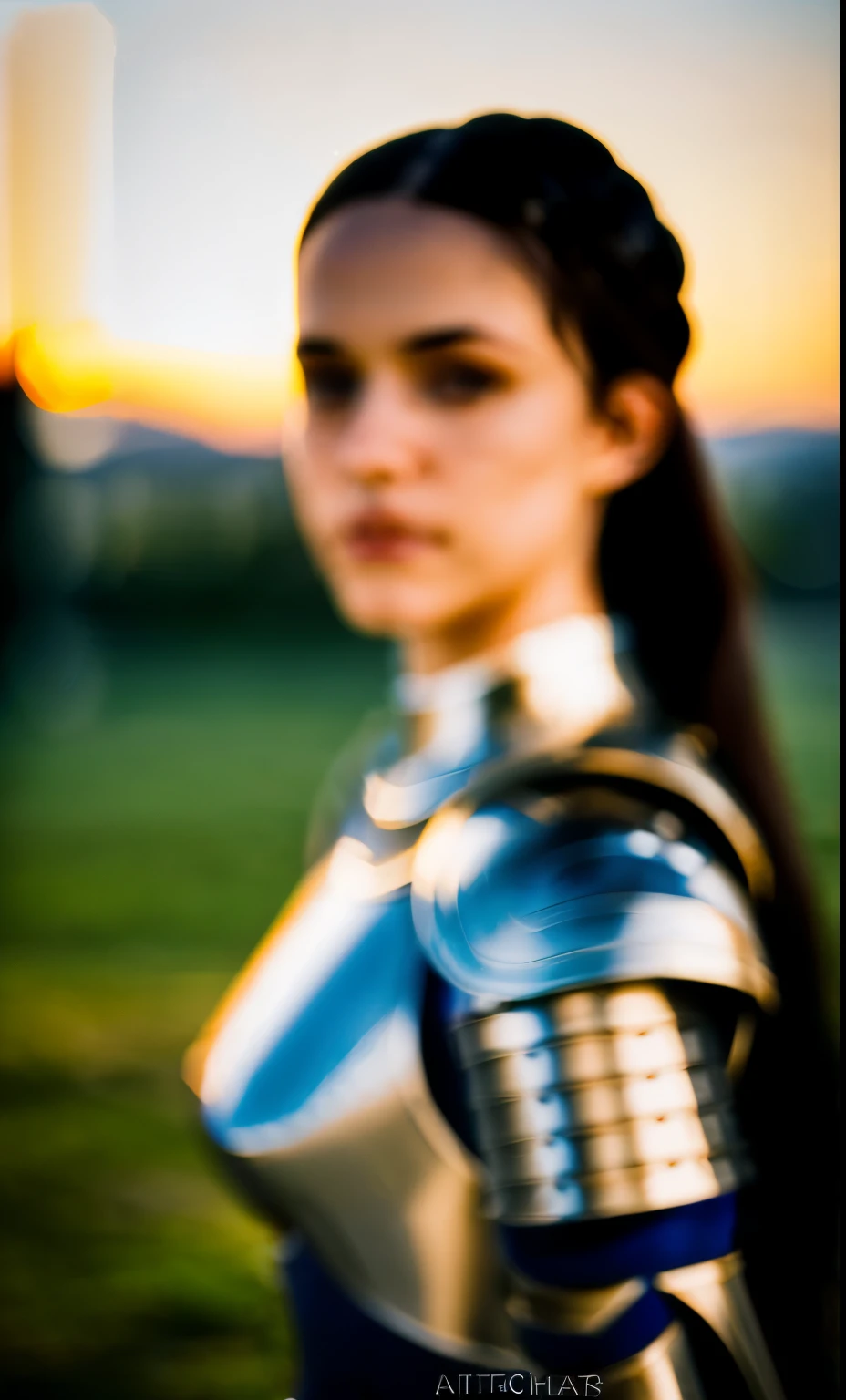 (Masterpiece), (very complicated:1.3), (realistic), Portrait of a young woman, The most beautiful in the world, (Medieval armor), reflection of metal, upper body, outdoor, bright sunlight, distant castle, Professional photos of beautiful, detailed women., Sharp focus, Amazing, won, movie light, Octane makes the engine unreal.,  Volume DTX, (Film texture, blurred background, Blurred foreground, Bokeh, depth of field, sunset, Motion blurred image:1.3), Chain Letter