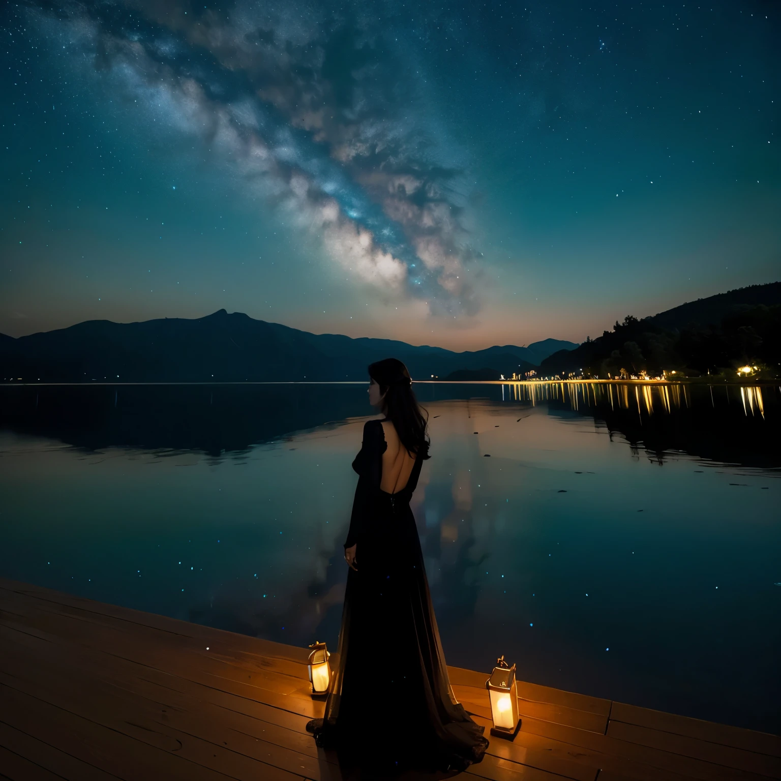 Stars scattered in the dark night sky，An elegant woman stands by the lake