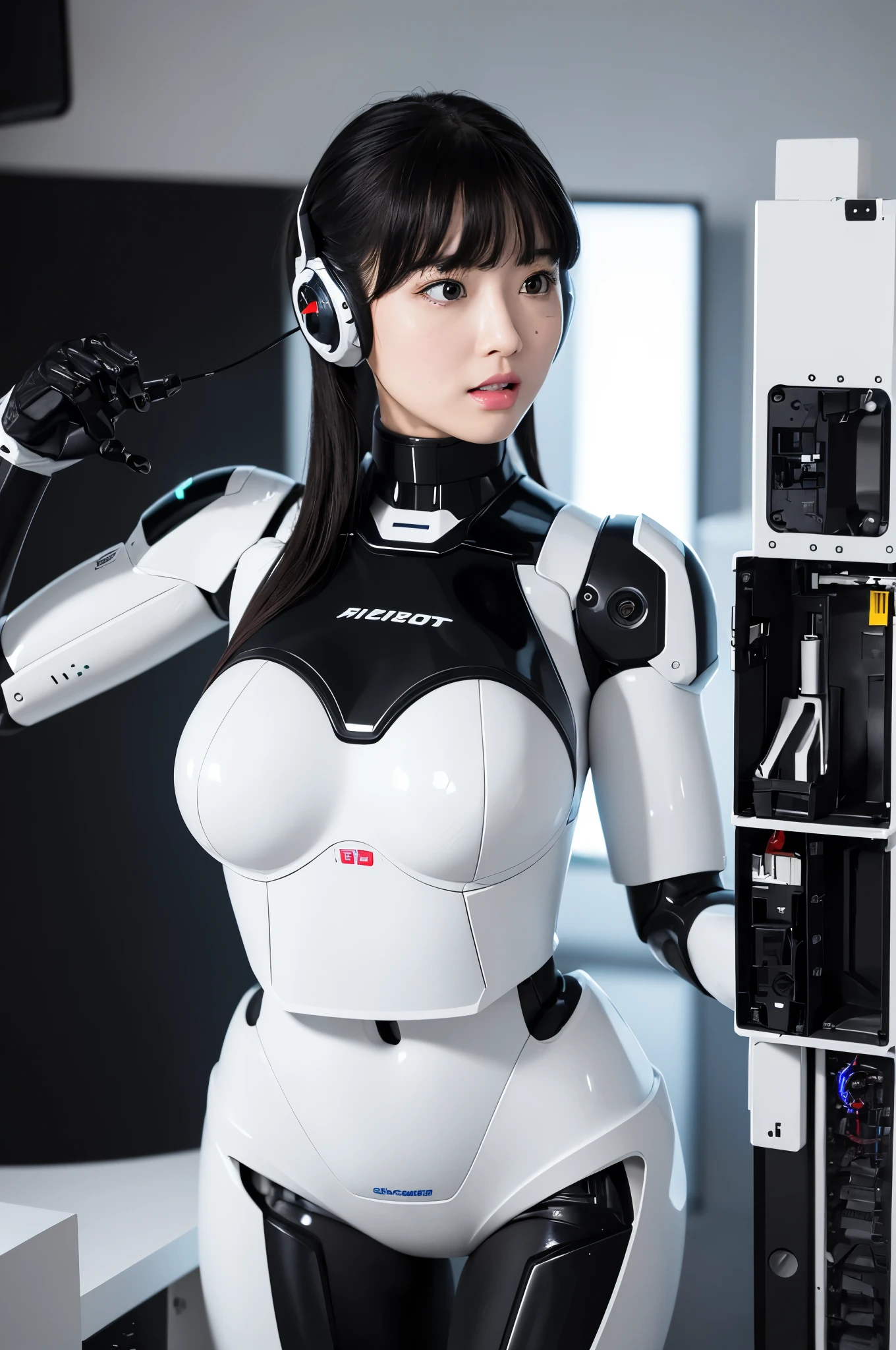 (photorealistic:1.4), (RAW photo)masterpiece, best quality, extremely detailed, (8K, 4K, Best Quality, hight resolution, 超A high resolution:1.1), (masutepiece, Realistic, Photorealsitic:1.1),8k portrait, Japaese android Girl,Plump , dark black leg cover,announcer,control panels,android,Droid,Mechanical Hand, Robot arms and legs, Black Robot Parts,Black hair,Mechanical body,Blunt bangs,perfect mechanical abdomen,White robotics parts,perfect robot woman,future laboratory,cyber pank,charging spot,laboratory,long tube,thick cable connected her neck,ceramic body ,perfect mechanical body, white robot body,lod antenna,mechanical ear cover,android,robot humanoid,black sponge joints,The removable cover is in the groin,The connection port is in the groin,opened chest panel,access panel on the chest,opened breast panel,mechanical breast,perfect machine body,She has repaired,assembly plant,