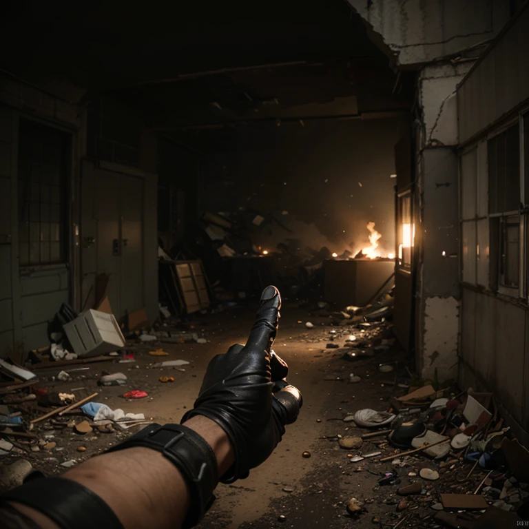 First person point of view, post apocalyptic, gloved hands, war torn environment, resistance, getting shot at.