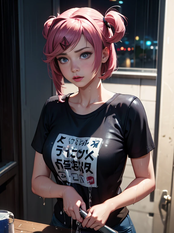 Best Quality, Masterpiece, Ultra High Resolution, (Realism: 1.4), Original Photo, 1Girl, wearing a wet shirt in the rain, wet clothes, clinging shirt, black shirt, ddlcnatsuki,