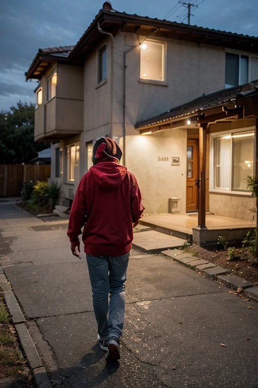 From the back we see a guy walking towards a house at night wearing a red hoodie 
