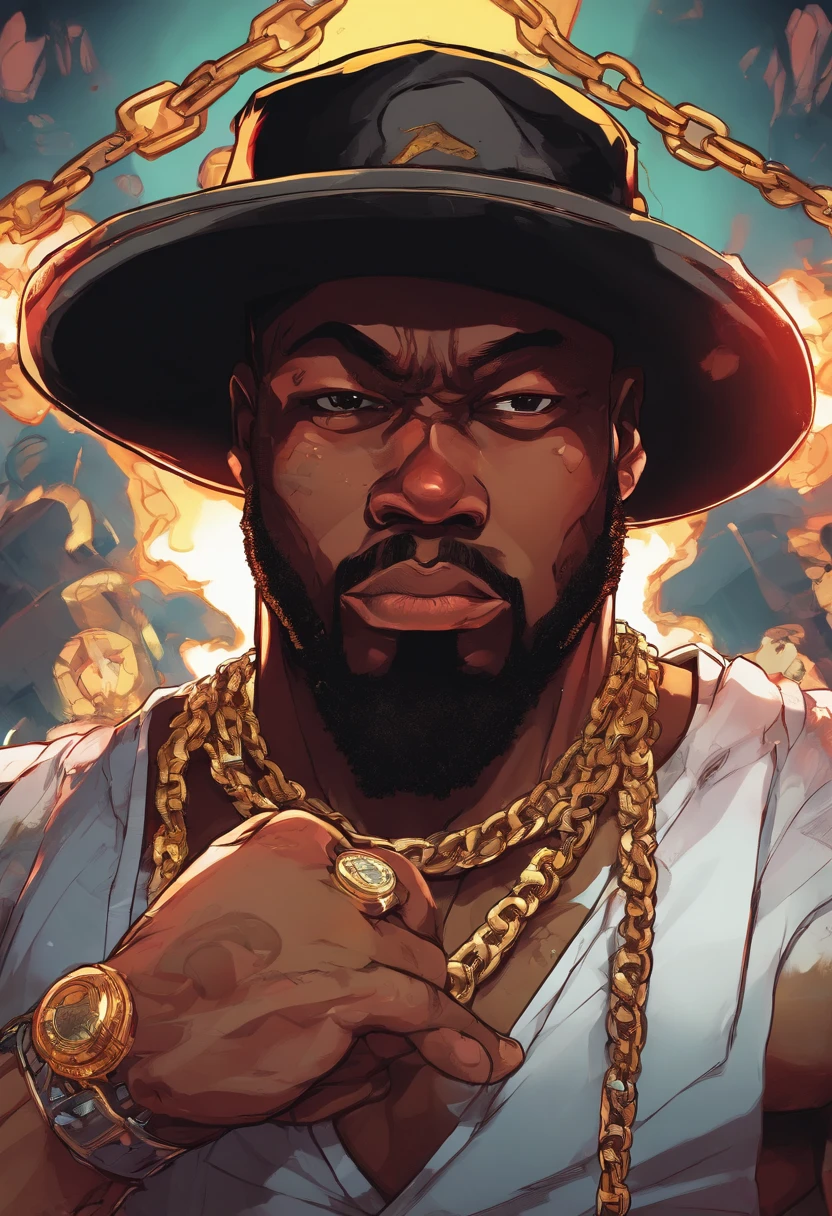 Chubby black male rapper with gun in hand, gold chains on this neck , Patchy beard , bucket hat . Wearing all black