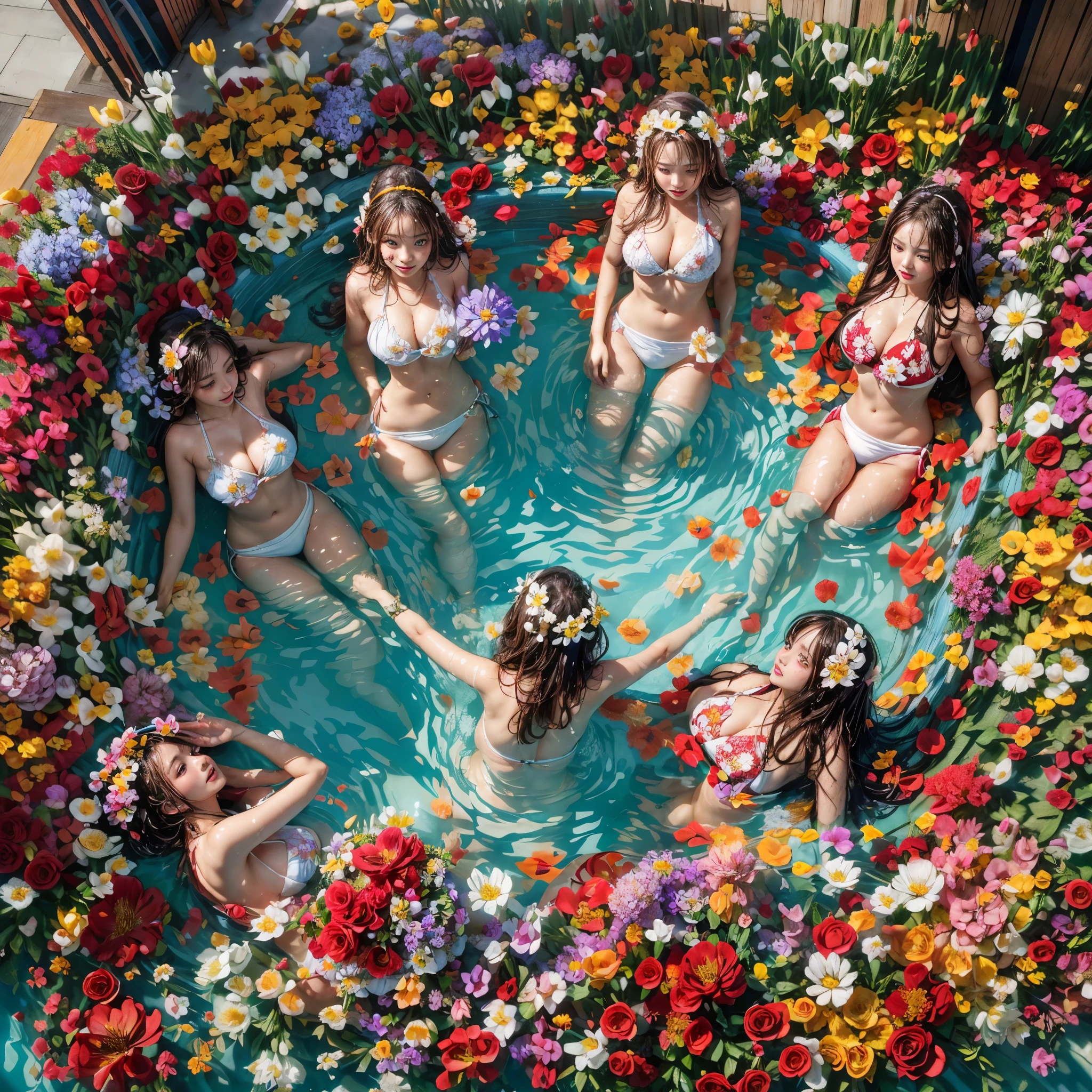 (Full of colorful flowers, White and Red, ((Overhead shot, From directly above))), (Acutance:0.85), ((NSFW:-0.95)), (Exposed:1.1), (((nipple:-0.99))) . ((Group photo of 6 girls (laying in a pool filled with flower:1.25))), { (Full of flowers covering and surrounding girl's body:1.2) | (Flower Bikini knitted with flowers:1.3) }, (((Extremely Detailed KAWAII face variations)) with joyful expressions), { (pretty Ass) | Overflowing sideboob | Overflowing underboob | Hidden hands | Bloody crotch } . Masterpiece of 8K Finest Quality, (Physically-based 3D Rendering with Ultra-detailed:1.2), (((Realistic and Photorealistic with touch of rawness:1.37))) . { wet and oiled ivory skin with tanline | Sparkling splash with Rainbow | Mystic sight | God rays | Haze }. (Absolutely filled with flowers), Overflowing flowers, all of water surface is absolutely filled with flowers, Full of flowers .