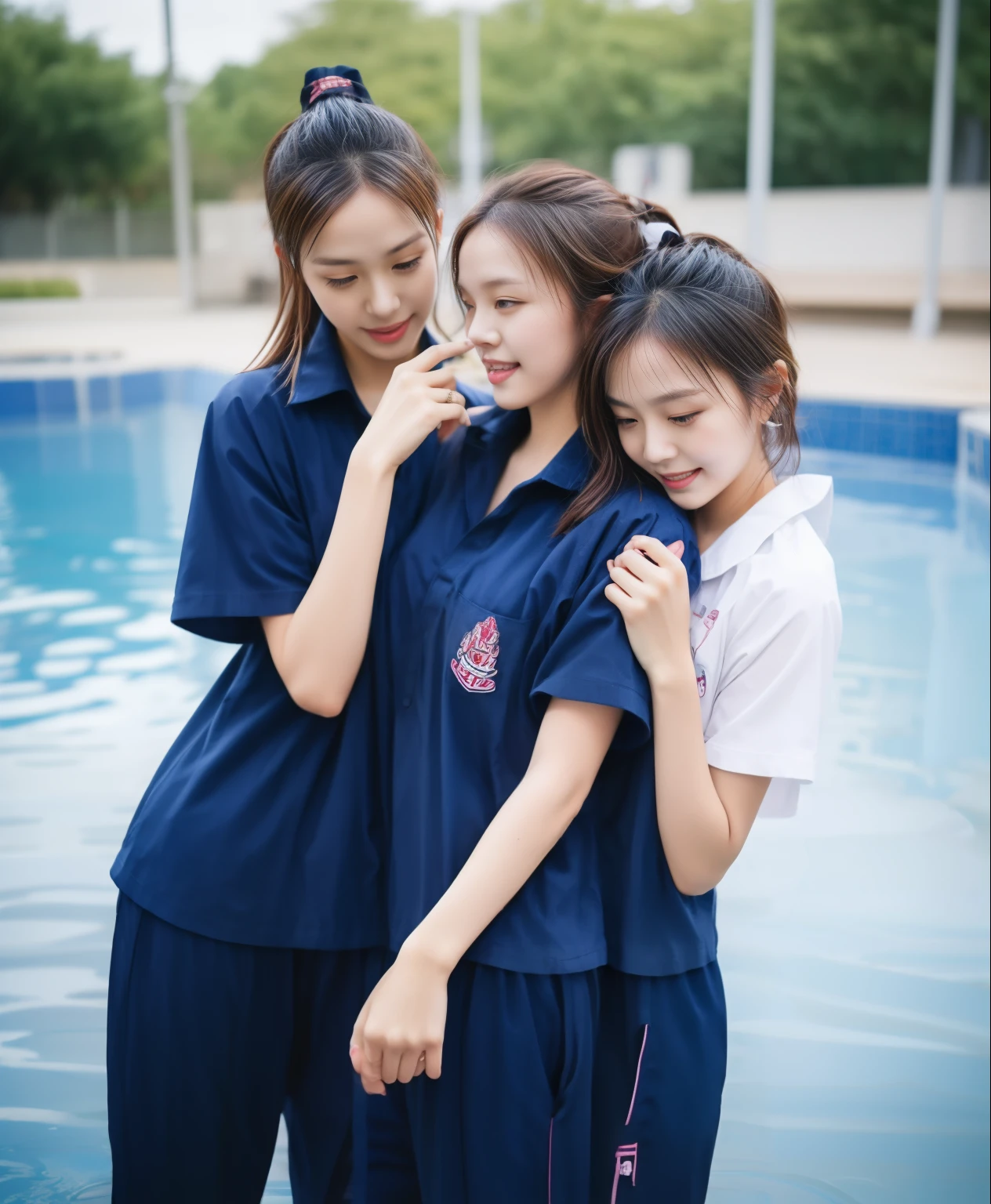 3 girls in the swimming pool, Navy blue short-sleeved shirt,Navy Long Trackpant,Sweatpants, Sweatpantsขายาว,25 year old girl, lesbian, sexy, exercise clothes, wet body, exercise clothes