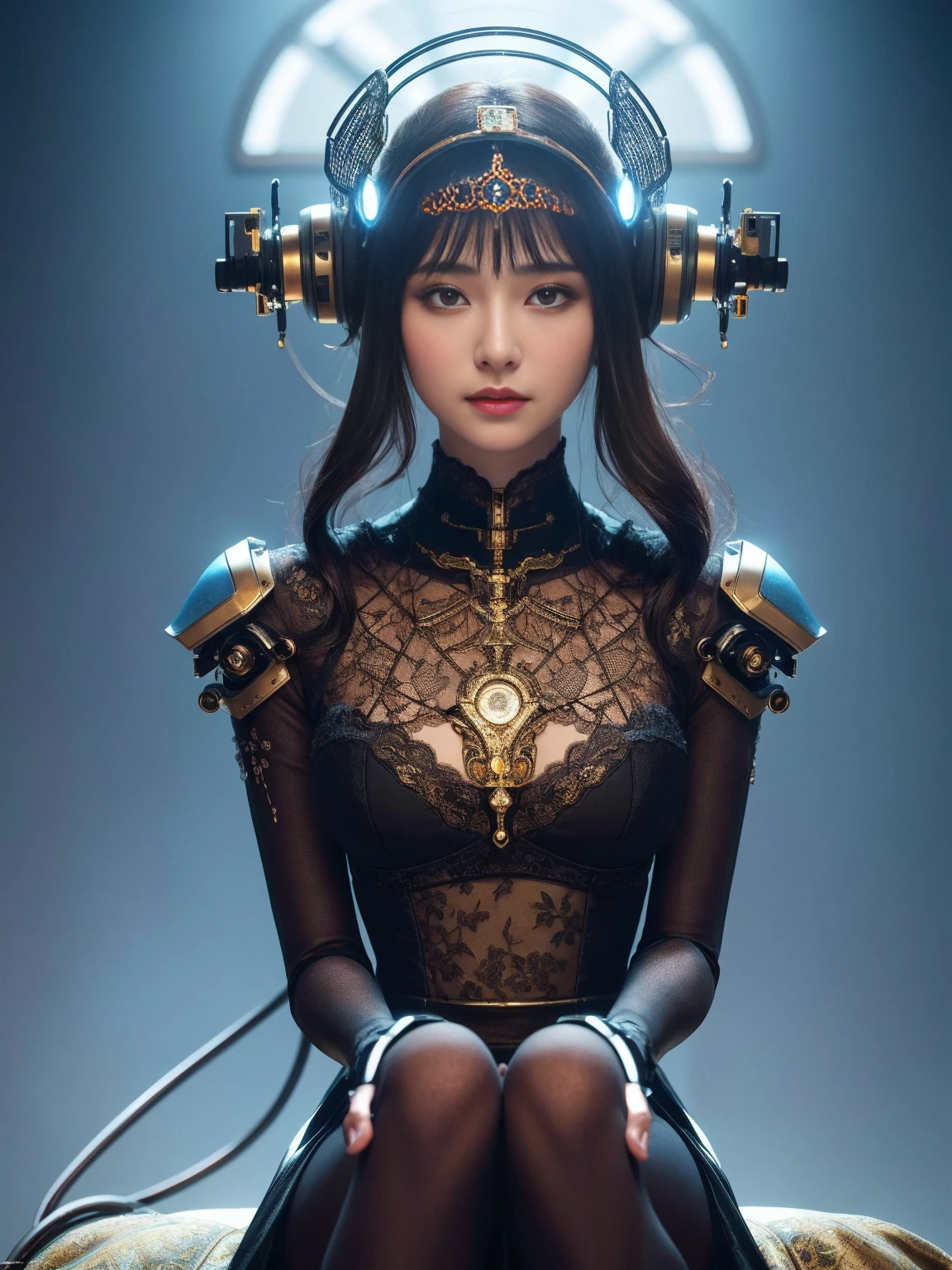 Intricate 3d rendering of highly detailed beautiful ceramic silhouette female robot face, robot, robot part, 150 mm, beautiful studio soft light, rim light, vibrant details, luxurious cyberpunk, lace, surreal, anatomy, facial muscles, cables wires, microchip, elegant, beautiful background, octane rendering, HR Giger style, 8k, best quality, masterpiece, illustration, very delicate and beautiful, very detailed, CG, unity, wallpapedelity, fidelity: 1.37), amazing, fine detail, masterpiece, best quality, official art, extremely detailed cg unity 8k wallpaper, absurd, unbelievably absurd, robot, silver helmet, full body, sitting write