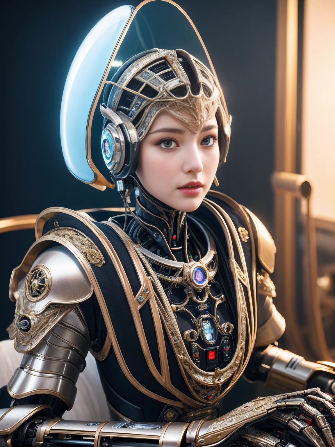 Intricate 3d rendering of highly detailed beautiful ceramic silhouette female robot face, robot, robot part, 150 mm, beautiful studio soft light, rim light, vibrant details, luxurious cyberpunk, lace, surreal, anatomy, facial muscles, cables wires, microchip, elegant, beautiful background, octane rendering, HR Giger style, 8k, best quality, masterpiece, illustration, very delicate and beautiful, very detailed, CG, unity, wallpapedelity, fidelity: 1.37), amazing, fine detail, masterpiece, best quality, official art, extremely detailed cg unity 8k wallpaper, absurd, unbelievably absurd, robot, silver helmet, full body, sitting write