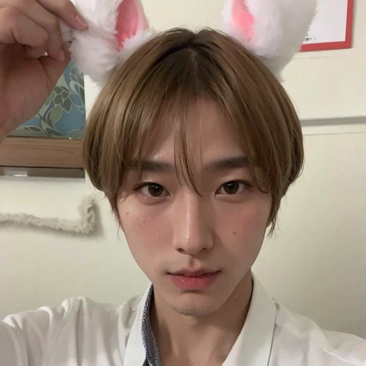 Minseo Asian man with light hair,looking at the camera and wearing her cute little bunny ears, rosto minseo Idol de kpop do grupo drippin,beautiful pale and delicate Korean face