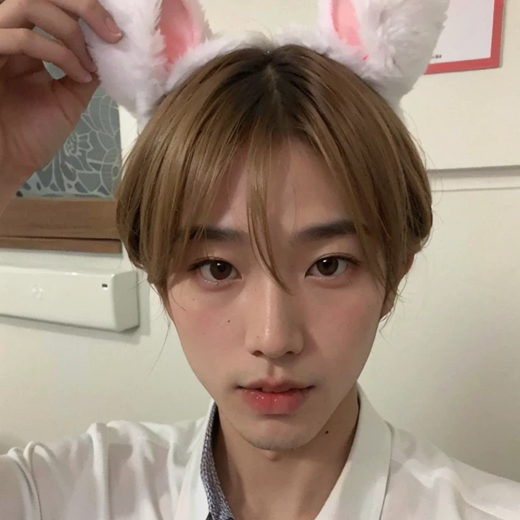 Minseo Asian man with light hair,looking at the camera and wearing her cute little bunny ears, rosto minseo Idol de kpop do grupo drippin,beautiful pale and delicate Korean face